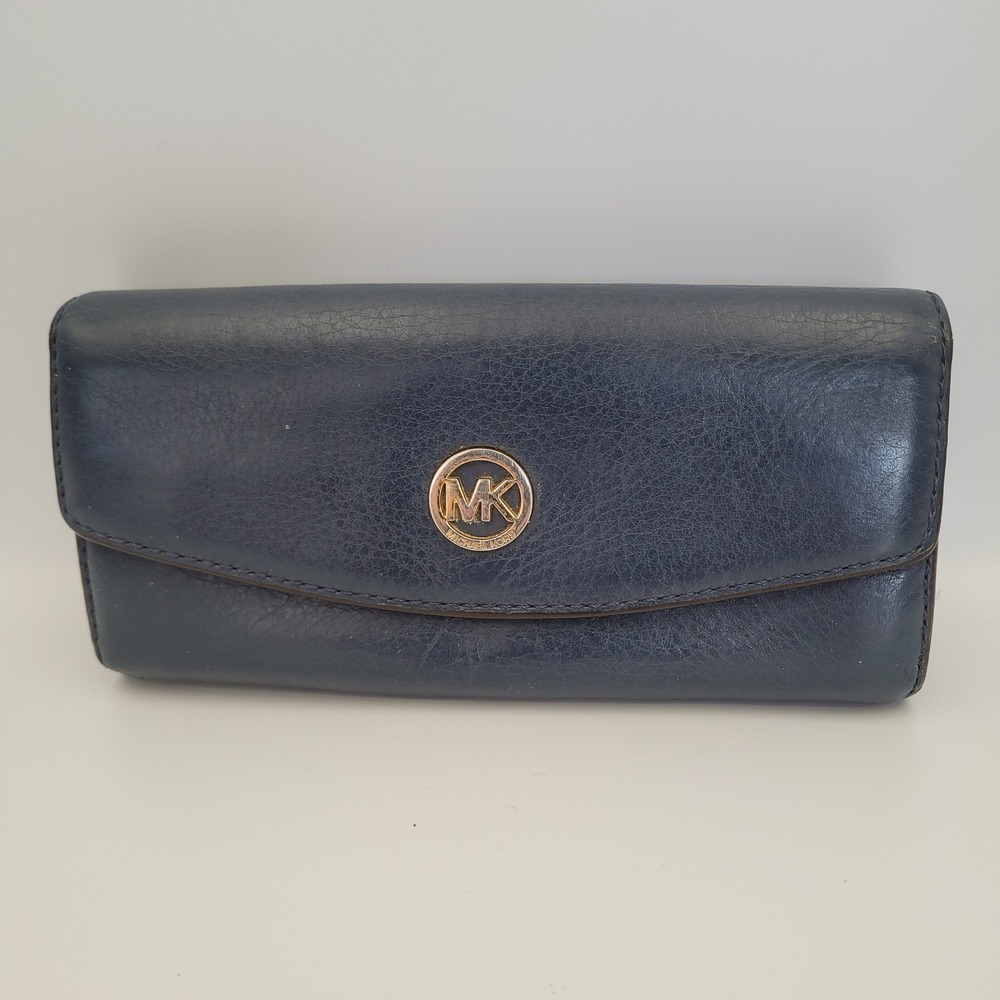 Michael Kors MK Envelop Fulton Flap Wallet Navy Blue Leather Gold Logo Long Fair